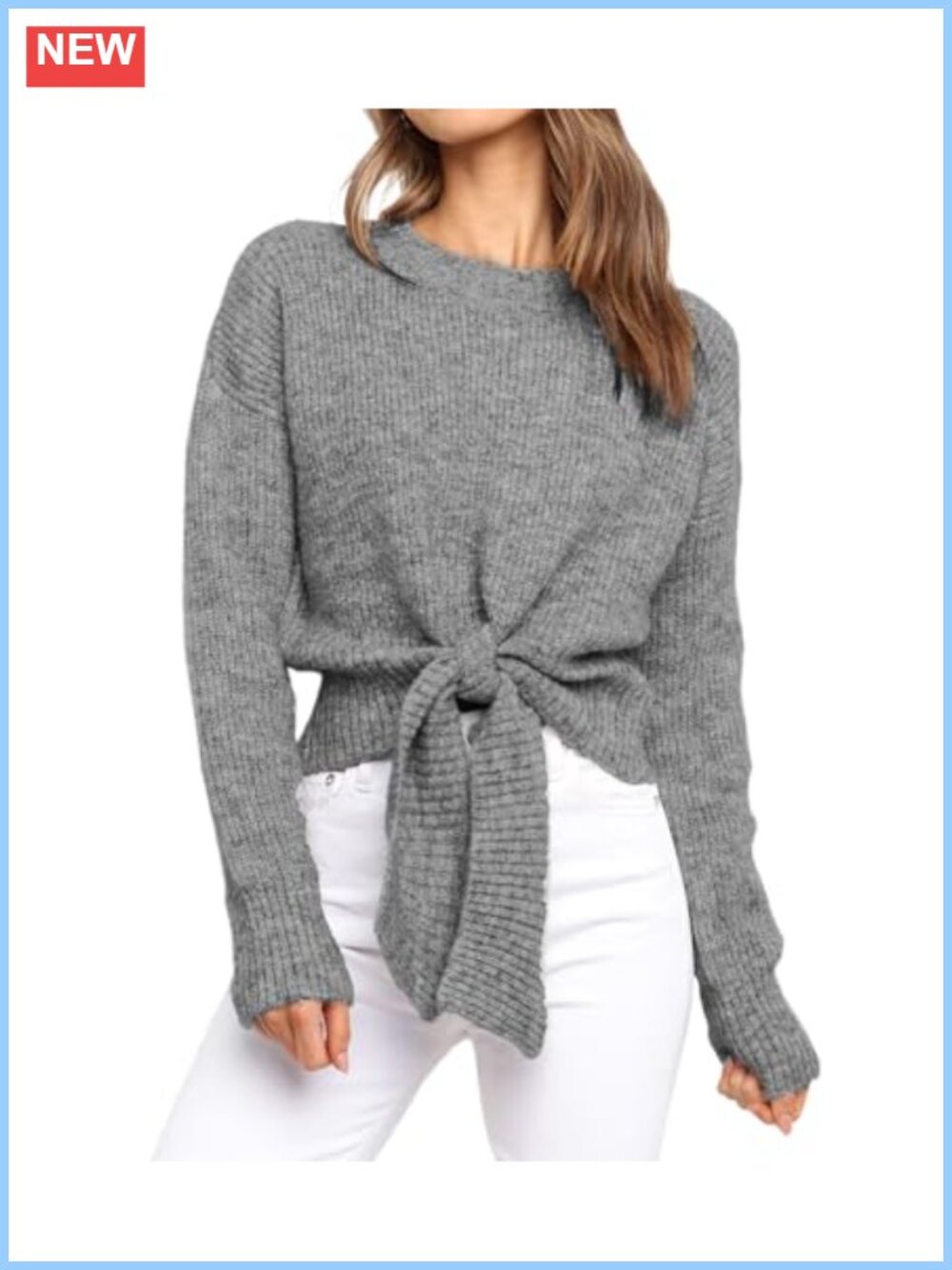 Women's Cropped Tie Front Sweater Cable Knit Crew Neck Long Sleeve Pullover Top